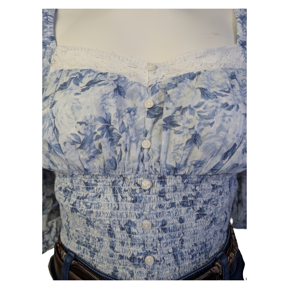 American Eagle Blue Floral Smocked Prairie Blouse | Cottagecore Western | Size M - Picture 5 of 12
